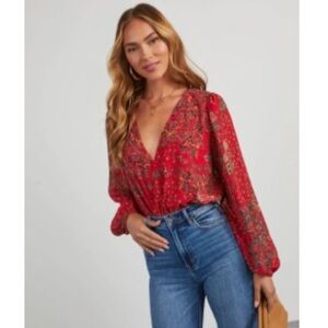 Elegant Red Floral V-Neck Blouse
